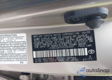 2003 Toyota Camry Le из США, поврежденный, VIN JTDBE32K930230439